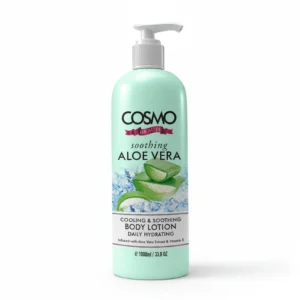 A white bottle of Cosmo Body Lotion with a green and gold label featuring the Cosmo logo, aloe vera, and vitamin E icons.