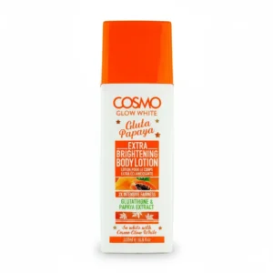 A white bottle with a blue label that says 'Cosmo Glow White Brightening Body Lotion' and displays the product size of 500ml.
