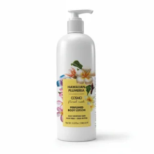 A bottle of Cosmo Rose Musk Moisturizing Body Lotion with a pink and white label, containing a light pink lotion.
