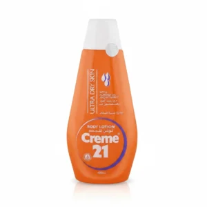 A white bottle of Creme 21 moisturizing body lotion with a blue label and cap. The bottle contains 400ml of product.