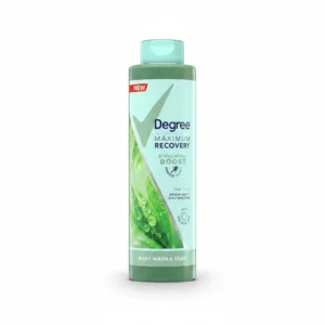 A 650ml bottle of Degree All Day Fresh Body Wash in a citrus scent. The bottle has a white and orange label with the Degree logo.