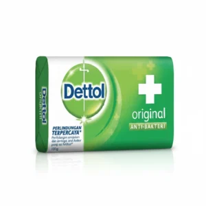 A rectangular bar of Dettol Original Antibacterial Soap in a white and green color scheme. The label prominently displays the Dettol brand name and 'Antibacterial' text.