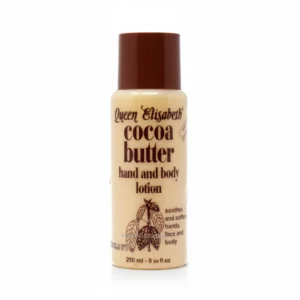 A white bottle with a gold label and cap, containing a rich, creamy cocoa butter hand and body lotion