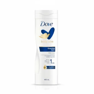 A white bottle of Dove Pampering Body Lotion with a label featuring the Dove logo, 'Shea Butter & Vanilla' text, and a 400ml size indication.