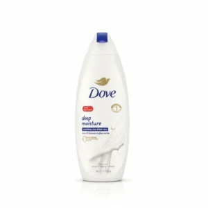 A white and blue bottle of Dove Deep Moisture Body Wash, with the Dove logo and product name clearly visible on the label.