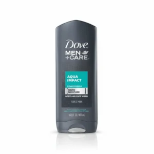 A rectangular bar of Dove Men+Care Aqua Impact soap in a light blue color with the Dove logo and product name printed on the label