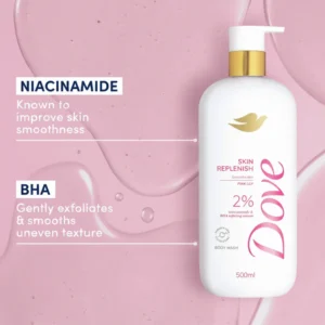 A white and green 500ml bottle of Dove Skin Natural Moisturiser Body Wash with the Dove logo on the label