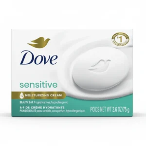 A white bar of Dove Sensitive Skin Beauty Bar soap with the Dove logo and 'Sensitive Skin' text visible on the label.